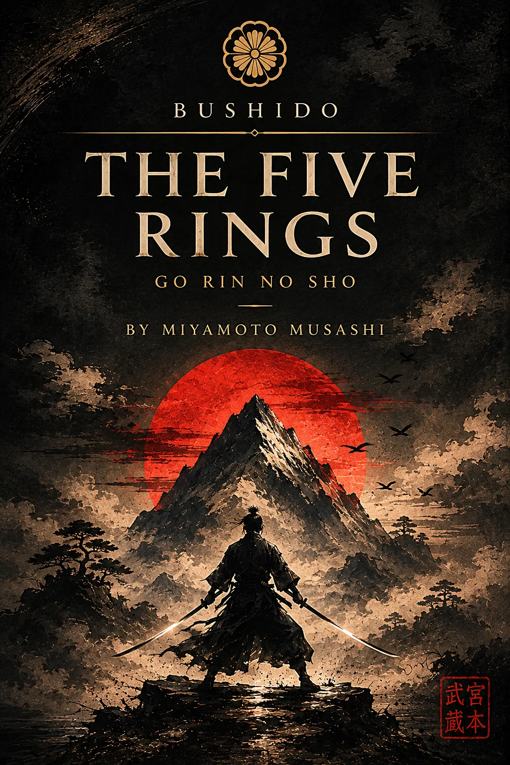Cover of The Five Rings — a samurai illustration in muted ink tones