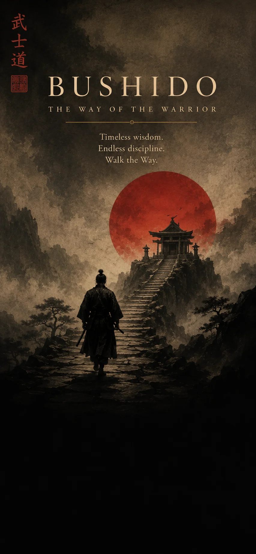 Bushido: The Way of the Warrior — a lone samurai walks toward a temple beneath a deep red moon