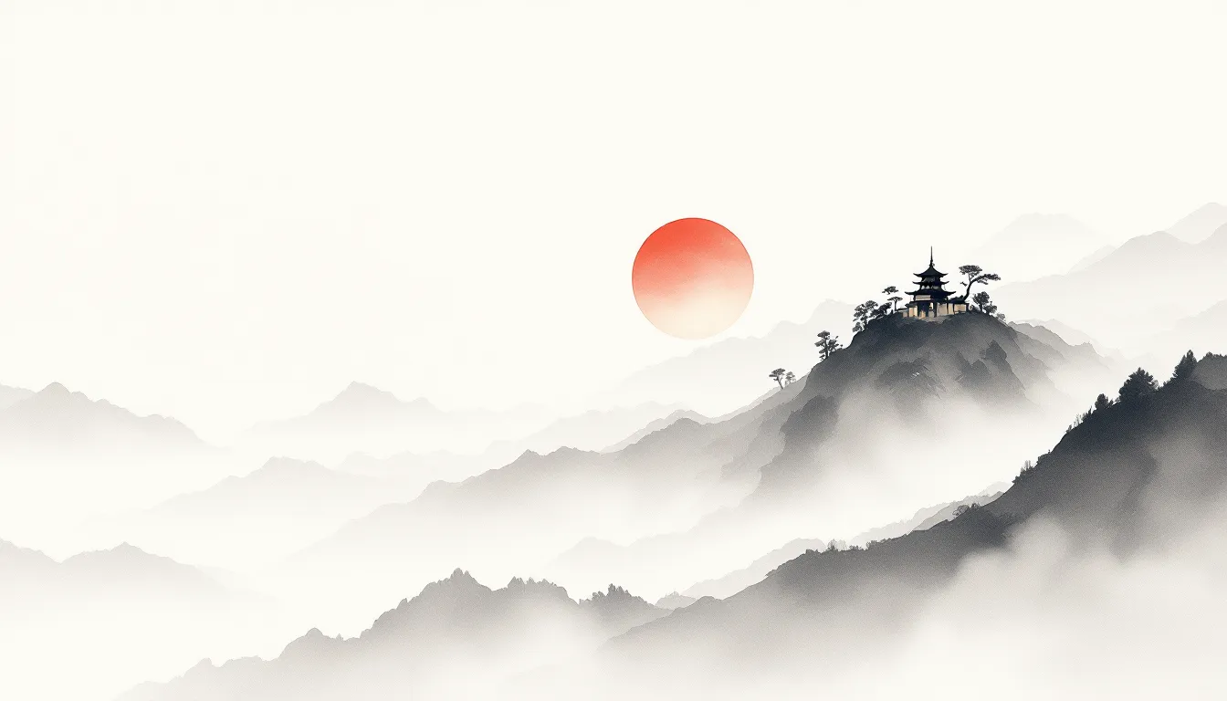 Ink-wash painting of a misty mountain ridge at dawn with a hilltop pavilion and a crimson rising sun